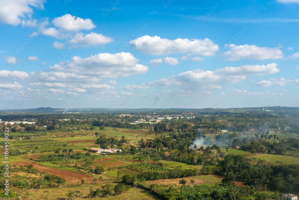 Country landscape with palm trees and crop fields seen from an airplane on the outskirts of Havana, Cuba. Country landscape with palm trees and crop fields seen from an airplane on the outskirts of Havana, Cuba.