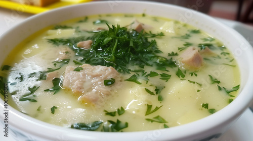 Chicken soup with potatoes and fresh dill in a white bowl.