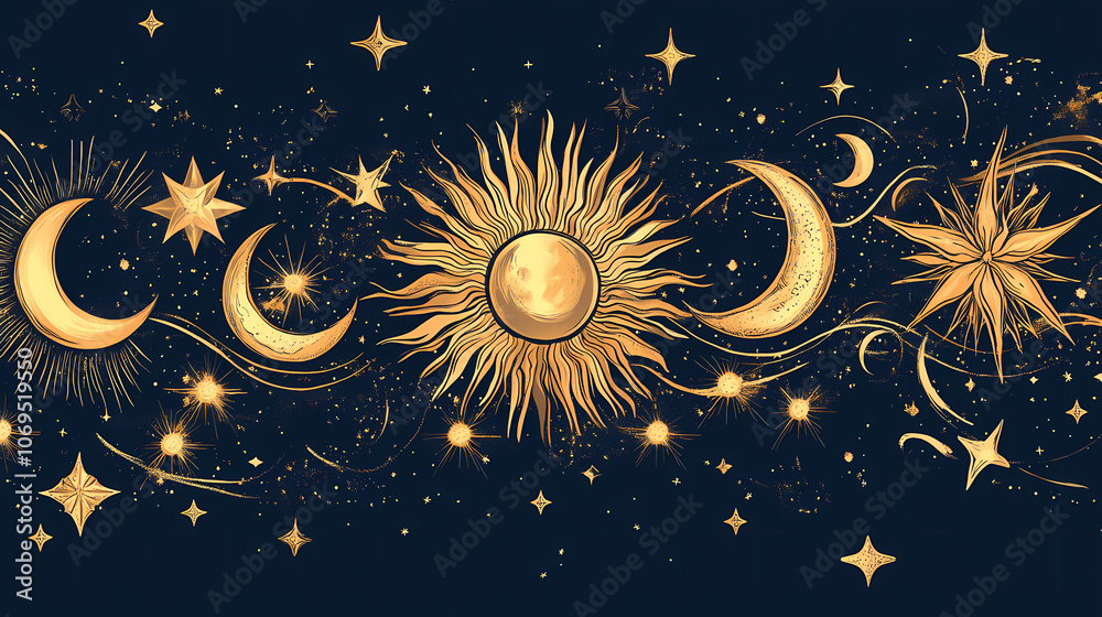 Magic border with celestial stars sun and moon. astrology fantasy decorative ornament. divider with mystic spiritual symbols. astral minimal design with elegant elements. Celestial. Illustration Magic border with celestial stars sun and moon. astrology fantasy decorative ornament. divider with mystic spiritual symbols. astral minimal design with elegant elements. Celestial. Illustration