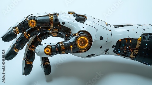 A 3D robotic arm on a white background, showcasing modern industrial technology and mechanical hand applications.