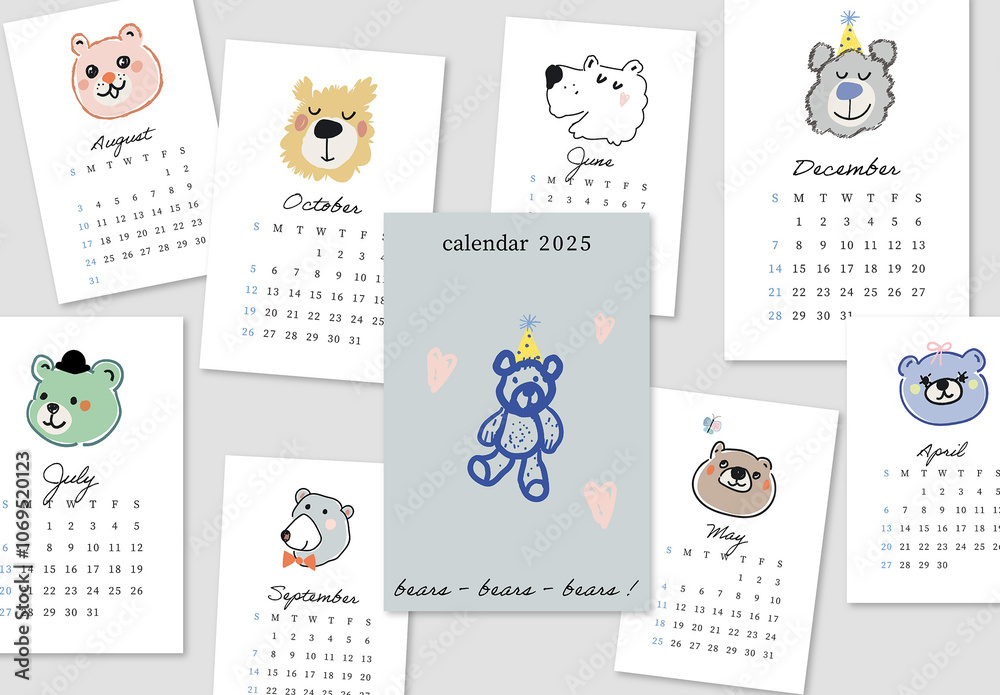 Artistic Calendar 2025 With Cute Bears Layout Stock Template | Adobe Stock