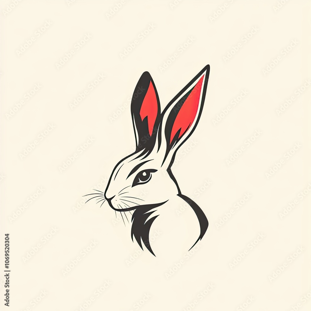 Stylized Illustration of a White Rabbit with Red Ears