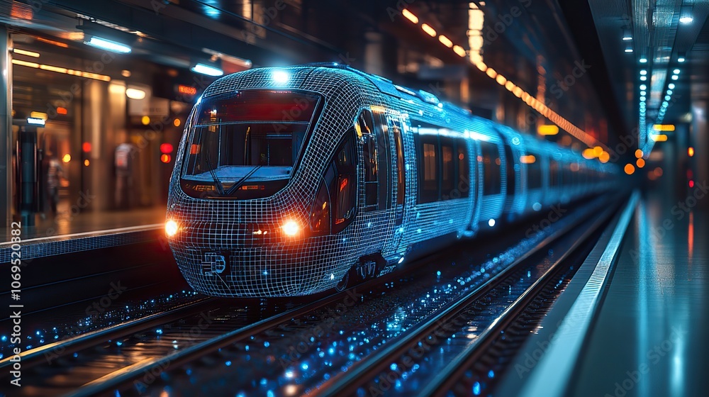 A 3D wireframe of a modern train at a station, illustrated in dark blue tones, captures the essence of rapid transit systems and the technology behind transportation logistics. A 3D wireframe of a modern train at a station, illustrated in dark blue tones, captures the essence of rapid transit systems and the technology behind transportation logistics.