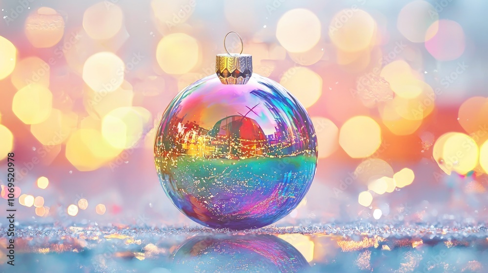 Obraz premium A colorful, shimmering Christmas ornament sits atop a reflective surface, surrounded by a blurred, festive background of soft lights.