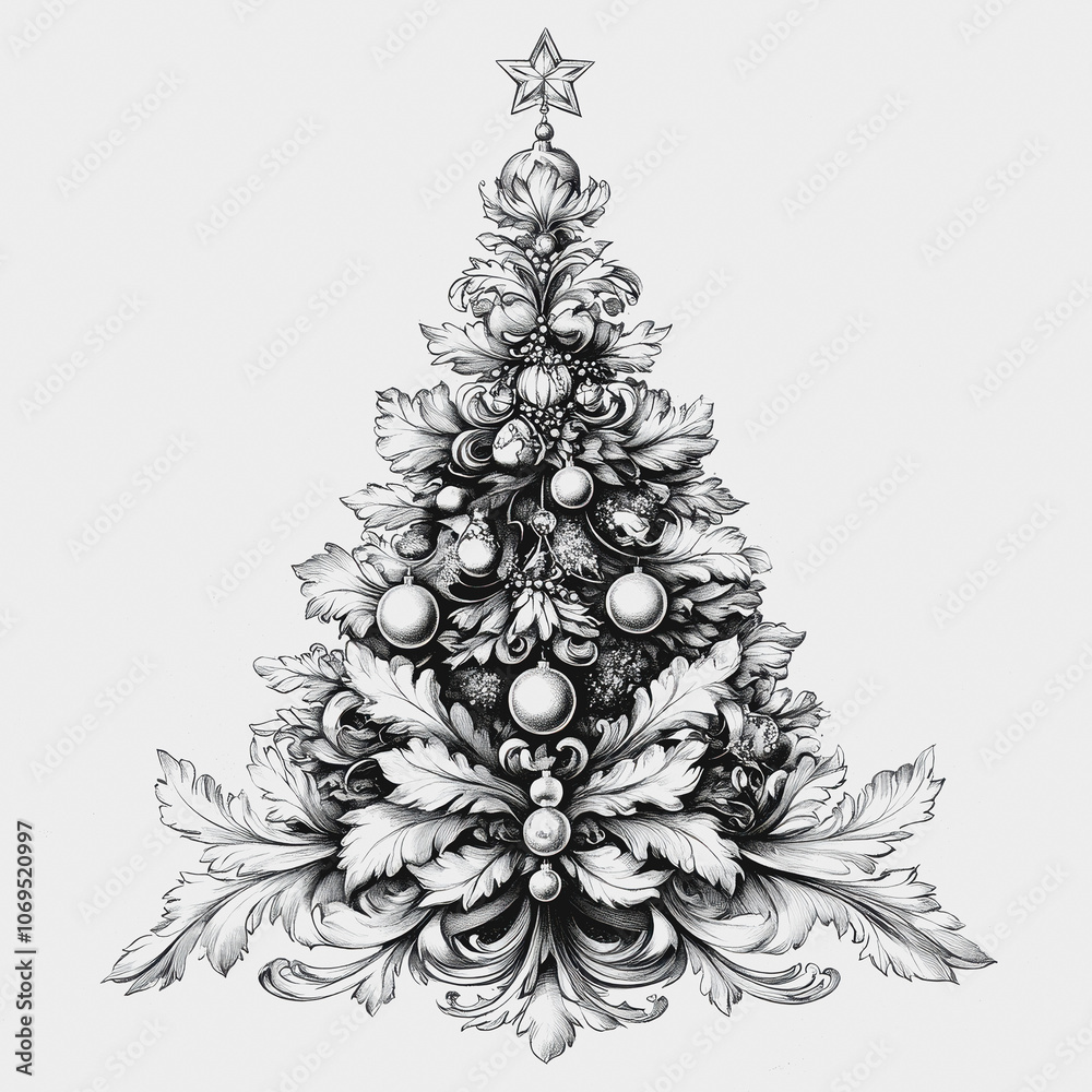 Elegant Christmas Tree with Ornaments and Decorative Elements Elegant Christmas Tree with Ornaments and Decorative Elements