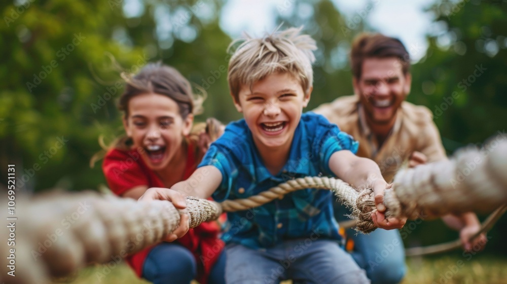 A game of tugofwar is taking place with parents and children on opposite sides laughing and competing in goodnatured fun. A game of tugofwar is taking place with parents and children on opposite sides laughing and competing in goodnatured fun.