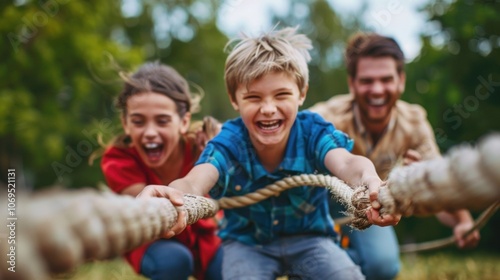 A game of tugofwar is taking place with parents and children on opposite sides laughing and competing in goodnatured fun.
