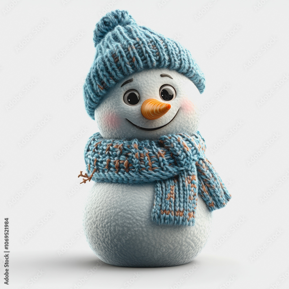 Cheerful Snowman with Cozy Hat and Scarf on White Background