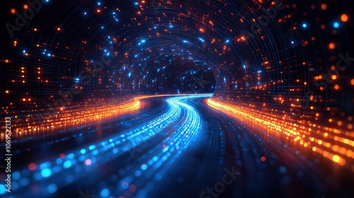 A blue light streaks across a fiber optic background, representing high-speed internet transmission in a futuristic 5G or 6G context.