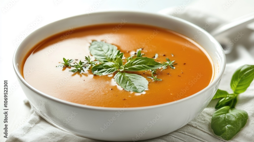 Smooth tomato soup garnished with fresh basil and thyme in white bowl Smooth tomato soup garnished with fresh basil and thyme in white bowl