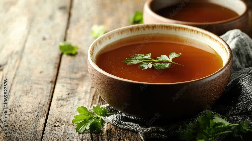 Warm brown broth garnished with fresh parsley in ceramic bowl on wooden table Warm brown broth garnished with fresh parsley in ceramic bowl on wooden table