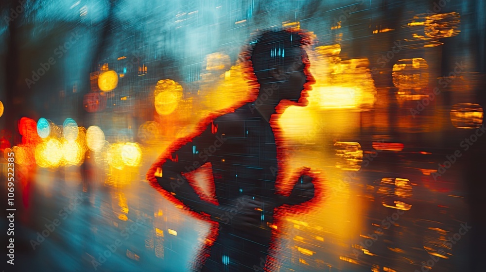 A blurry background reveals a silhouette of a running man alongside wearable fitness technology for health monitoring. A blurry background reveals a silhouette of a running man alongside wearable fitness technology for health monitoring.