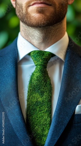 Man wearing a moss tie with blue suit, eco-friendly fashion