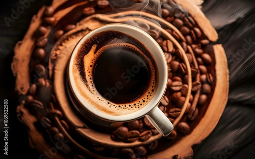 Coffee in the cup with coffee beans in the cafe hot coffee shop espresso made by barista