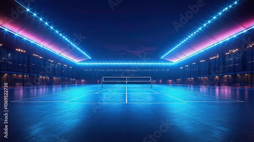 A brightly lit volleyball court arena is shown, with stadium lights enhancing the ambiance for evening matches, emphasizing the excitement of sports events. photo