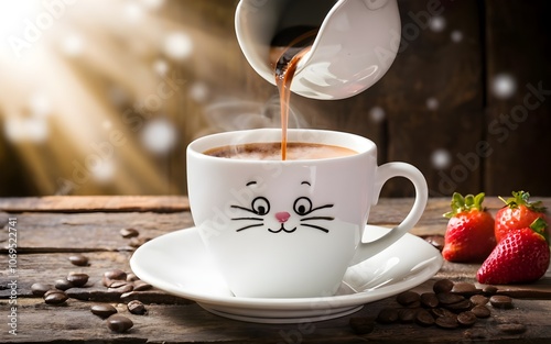 Coffee in the cup with coffee beans in the cafe hot coffee shop espresso made by barista