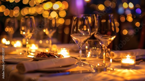 A table adorned with elegant linens polished silverware and flickering candles sets the scene for a zeroalcohol gourmet experience. photo