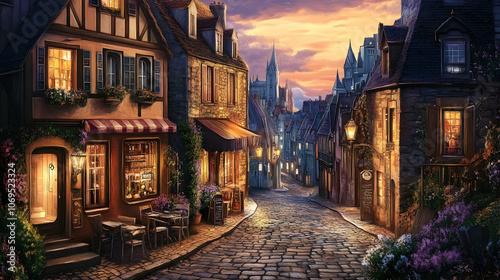 A charming cobblestone street in a quaint European town at dusk with glowing windows and streetlights.