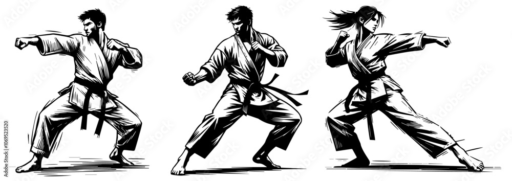 warrior karate fighter in kimono in different poses black vector
