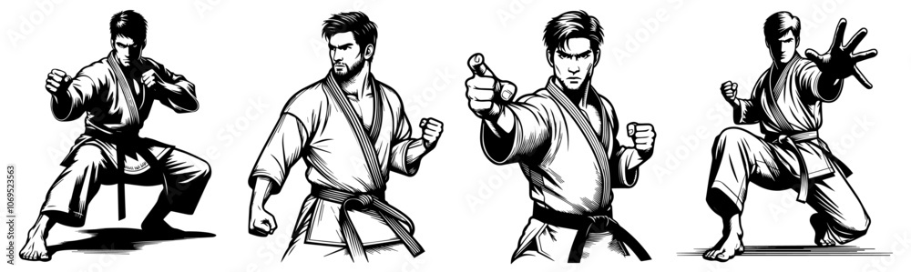warrior karate fighter in kimono in different poses black vector warrior karate fighter in kimono in different poses black vector