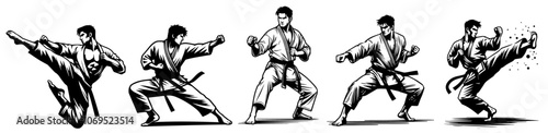 karate warrior in kimono, dynamic body positions