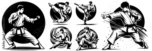 warrior karate fighter in kimono in different poses black vector
