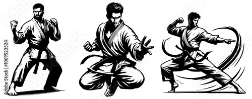 warrior karate fighter in kimono in different poses black vector
