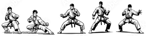 karate fighters demonstrating powerful kicking techniques in line art black vector