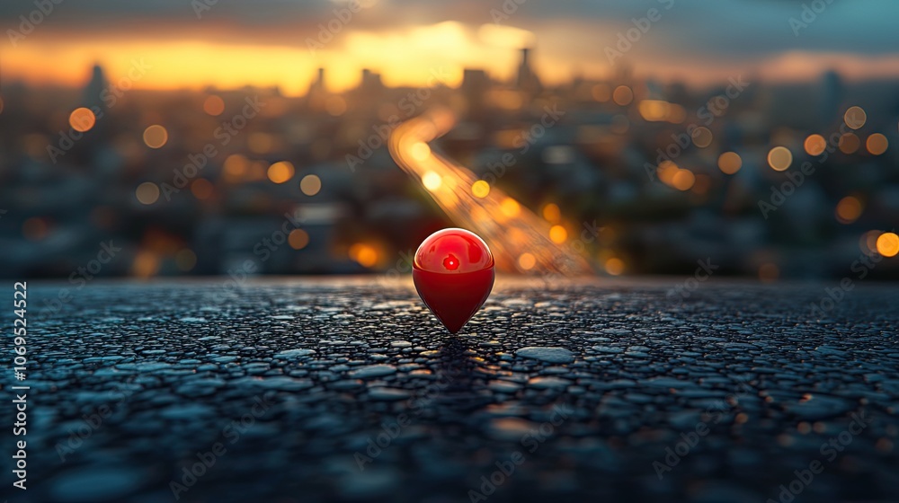 A close-up 3D image of a red map pin on a road leading towards a city, illustrating modern navigation themes.