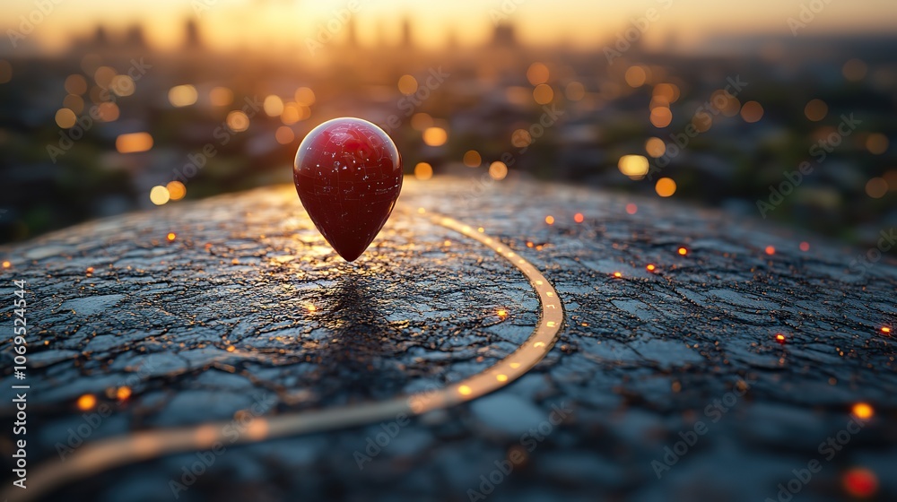 A close-up 3D image of a red map pin on a road leading towards a city, illustrating modern navigation themes.