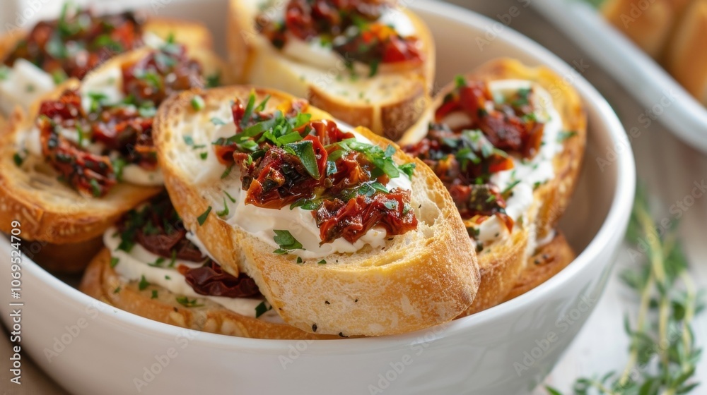 A bowl of crispy and golden crostini topped with various savory spreads like sundried tomato tapenade and herbed cream cheese sure to impress at any nonalcoholic apéro. A bowl of crispy and golden crostini topped with various savory spreads like sundried tomato tapenade and herbed cream cheese sure to impress at any nonalcoholic apéro.