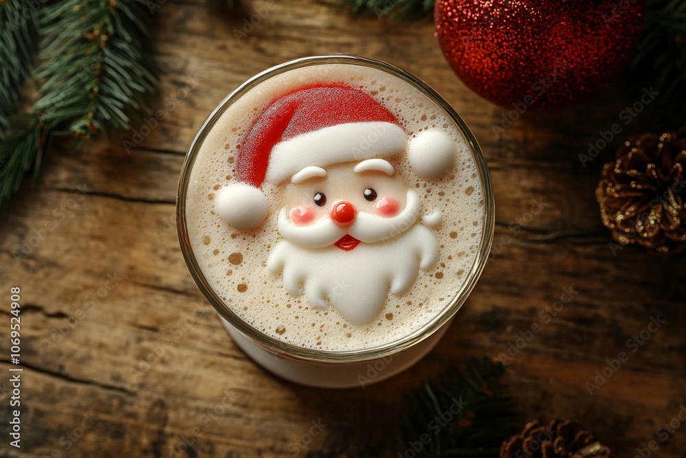 Latte Coffee with Santa Claus Design on Foam, Wooden Background, Top View for Christmas Charm Latte Coffee with Santa Claus Design on Foam, Wooden Background, Top View for Christmas Charm