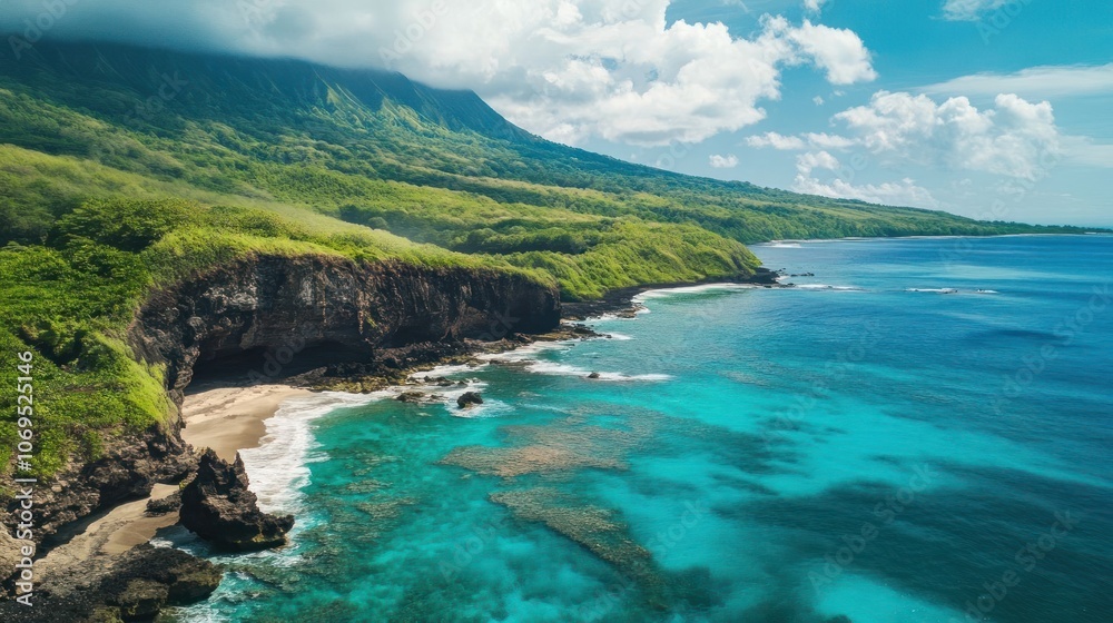 Aerial view of a lush coastline with turquoise waters and a mountainous backdrop. Aerial view of a lush coastline with turquoise waters and a mountainous backdrop.
