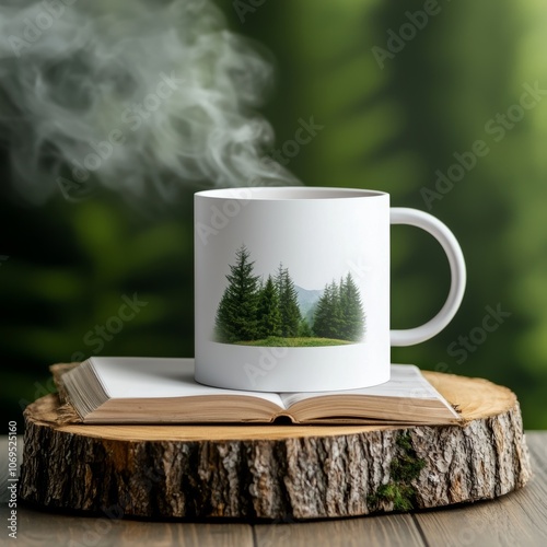 A steaming mug sits on a wooden log, beside an open book, against a backdrop of lush green foliage, evoking a cozy, nature-inspired atmosphere.