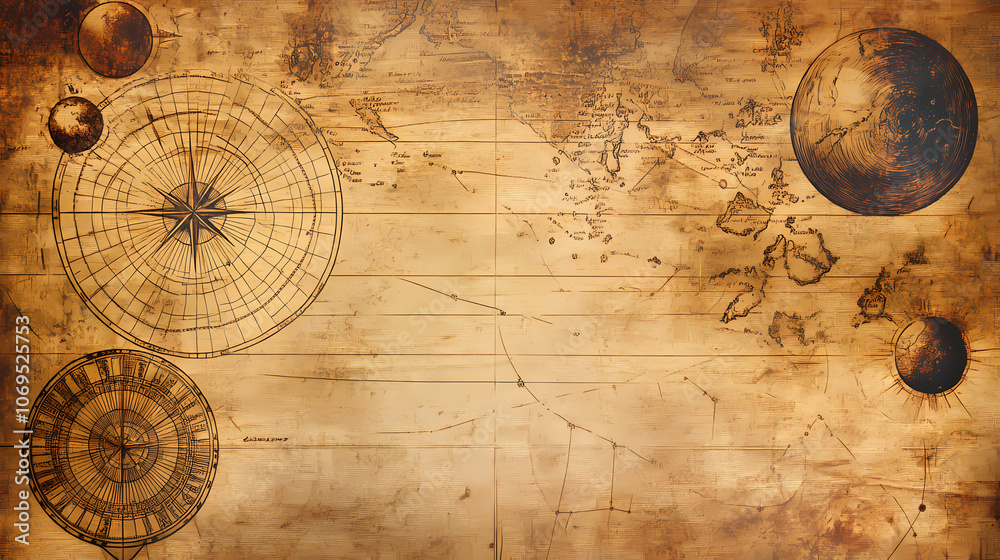 Fototapeta premium Vintage astrology background with celestial maps and planets, lots of copy space. Celestial. Illustration
