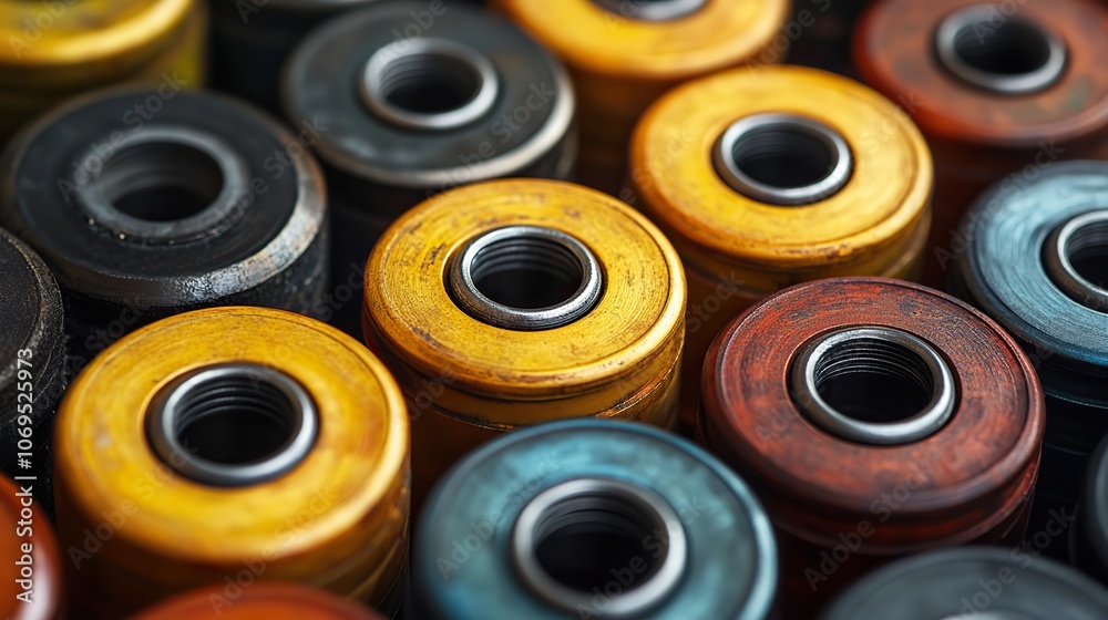 A collection of small industrial caster wheels, shown in warm yellow and orange tones for visual appeal. A collection of small industrial caster wheels, shown in warm yellow and orange tones for visual appeal.
