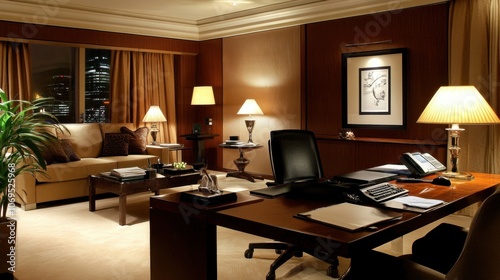 Elegant Office Interior with Warm Lighting and Comfort