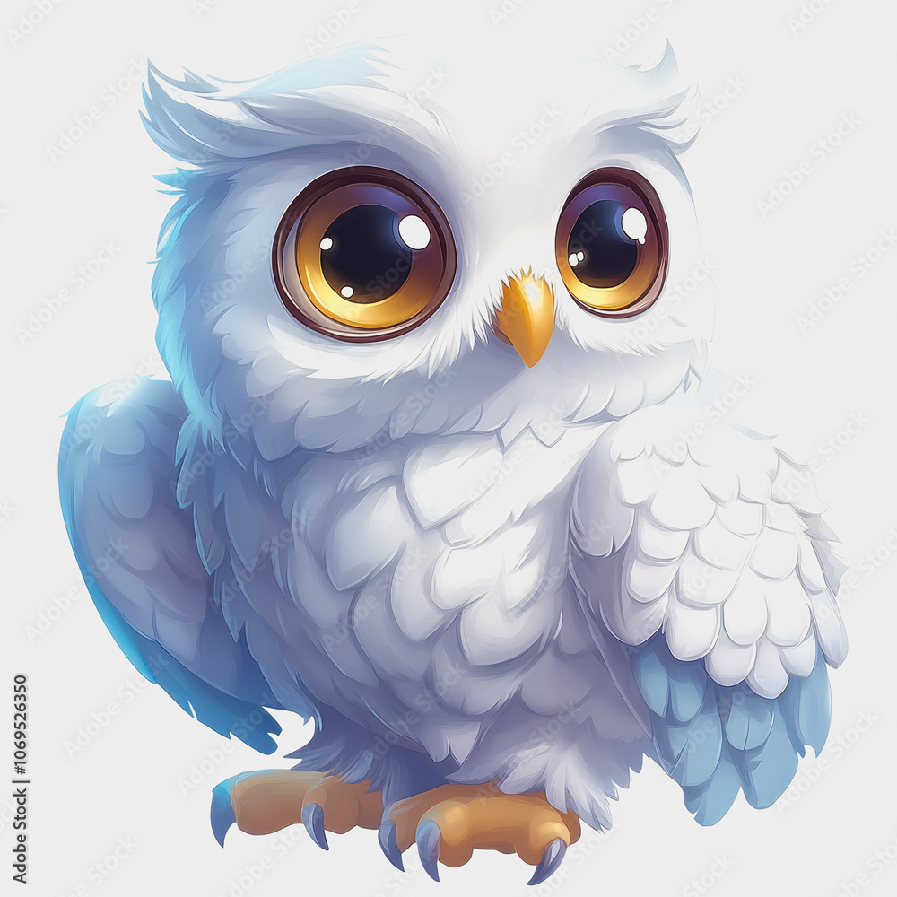 Obraz premium Cute Snowy Owl Character on White Background