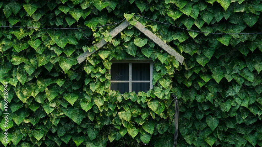 Window surrounded by ivy leaves, nature and architecture concept Window surrounded by ivy leaves, nature and architecture concept