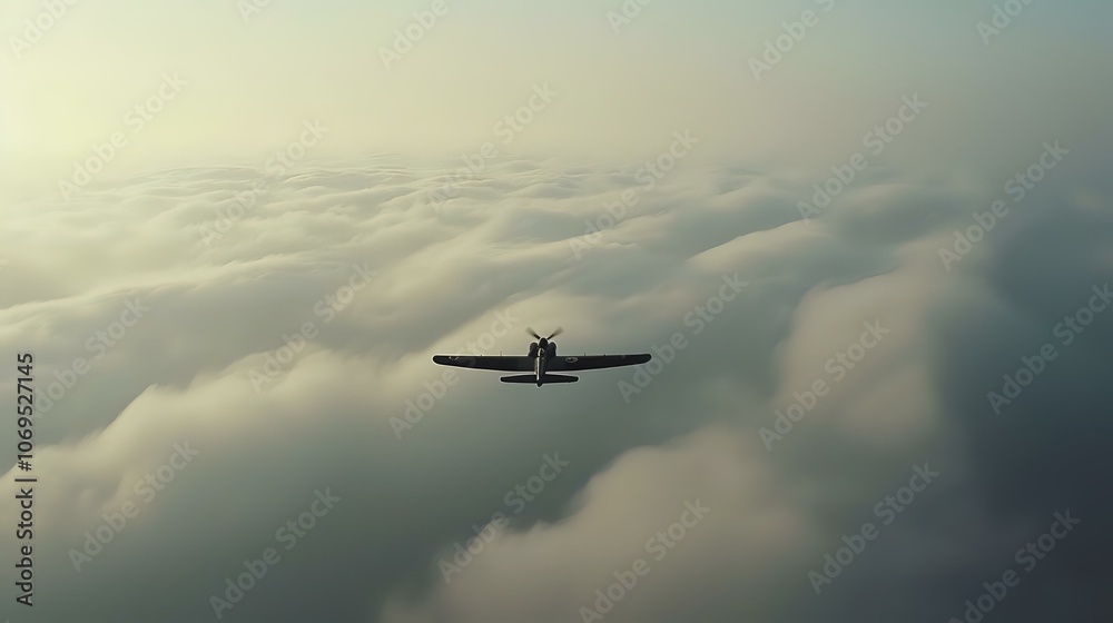 A small airplane flying above a sea of clouds during a serene sunset. A small airplane flying above a sea of clouds during a serene sunset.