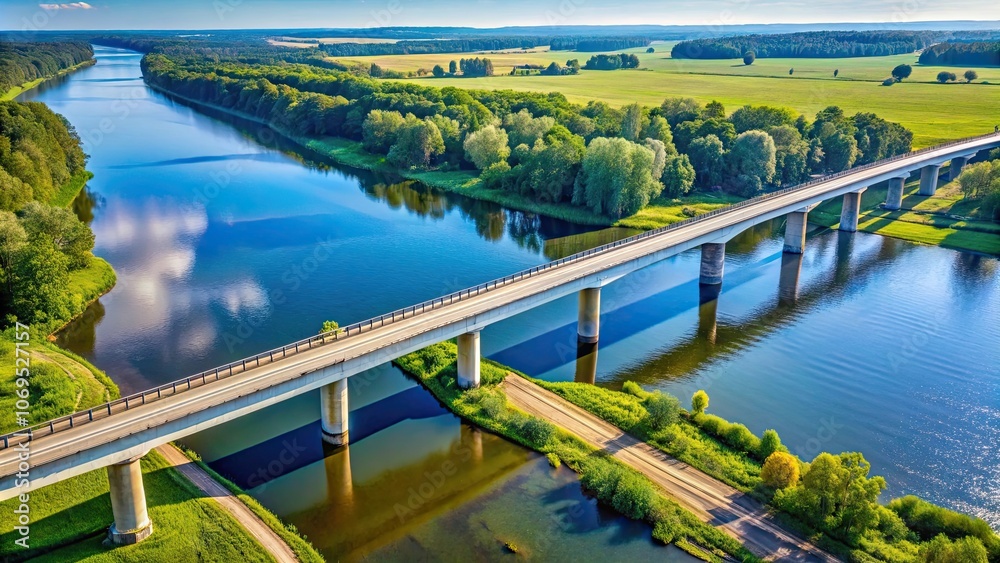 Fototapeta premium Reinforced concrete road bridge over a river on a sunny summer day, aerial view , bridge, river, sunny, summer, aerial view