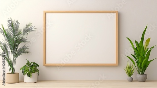 Minimalist living room with a wooden frame mockup on a neutral-toned wall, surrounded by modern furniture and indoor plants, perfect for artwork display