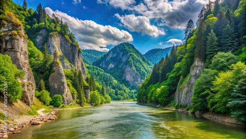 Fototapeta Naklejka Na Ścianę i Meble -  Majestic Dunajec gorge cutting through Pieniny mountains with turquoise river flowing between steep cliffs , Poland
