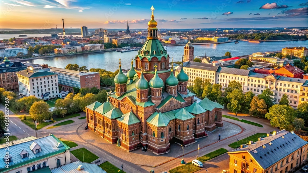 Obraz premium Aerial view of Uspenski Cathedral in Helsinki, Finland, Helsinki, Finland, Uspenski Cathedral, aerial view