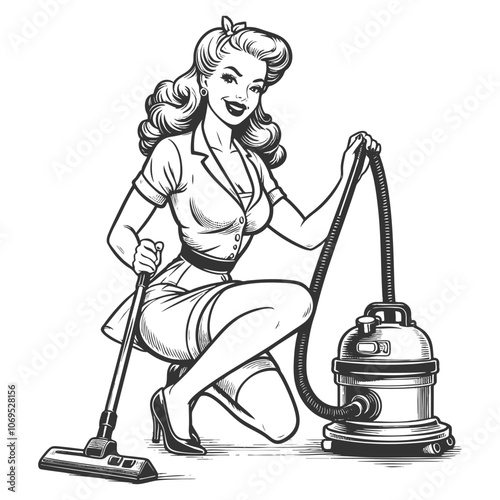 pin-up woman kneeling with a vacuum cleaner, capturing classic 1950s housewife aesthetics sketch engraving generative ai vector illustration. Scratch board imitation. Black and white image.