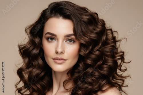 Beautiful brunette model with long, curly hair poses in a studio, showcasing flawless makeup and radiant skin