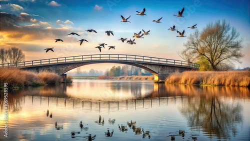 Bridge crossing over a serene river with a flock of ducks flying in the distance , bridge, river, ducks, nature, peaceful