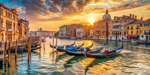 Sunny evening in Venice with gondolas floating on the Grand Canal, Venice, Italy, sunny, evening, gondola, Grand Canal