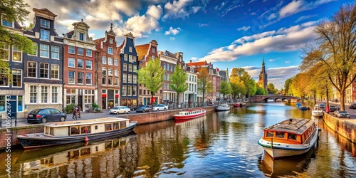 Canal in Amsterdam with historic buildings and boats passing by, Amsterdam, Prinsengracht, Netherlands, Dutch, waterway