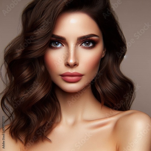 Beautiful brunette woman with long, curly hair poses in a studio, showcasing flawless makeup and radiant skin